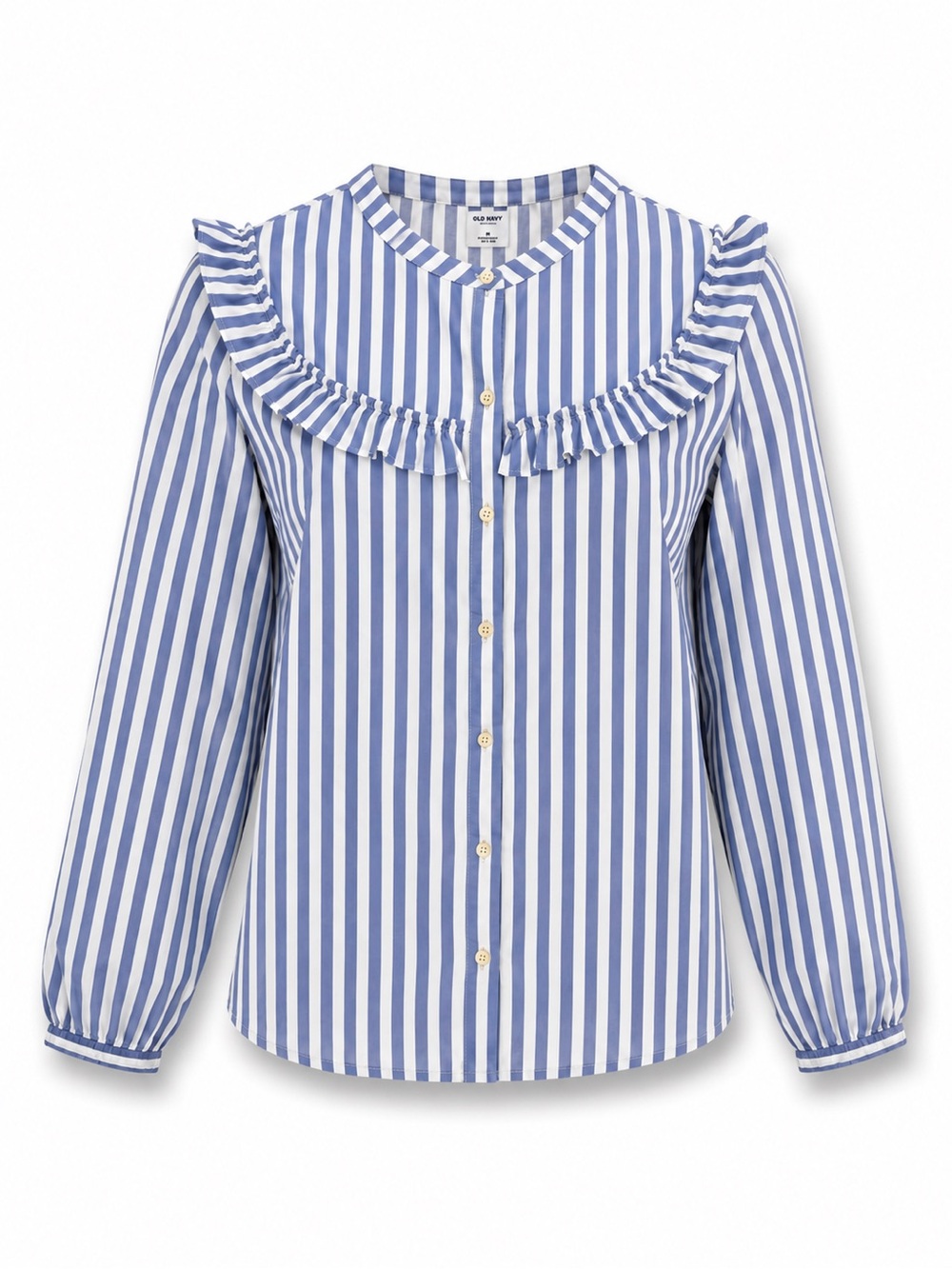 Old Navy Blue White Stripe Ruffle Blouse Cottagecore Preppy Women’s Small